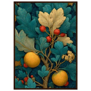May include: A framed botanical print featuring a stylized tree with large, teal leaves and golden accents. The artwork includes yellow-orange fruit and small red berries, set against a dark teal background. The frame is a dark brown color.