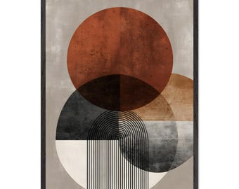 May include: Abstract geometric art print in a black frame. The artwork features overlapping circles in shades of rust, black, beige, and gray. A semi-circle with black vertical lines and a white section is at the bottom. The background is a textured light gray.