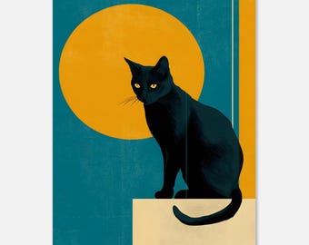 Könnte beinhalten: Ein stilisiertes Kunstplakat mit einer schwarzen Katze mit gelben Augen vor einem Hintergrund aus Tealblau und einem großen gelben Kreis. Unten befindet sich eine beige rechteckige Form mit einem gelben vertikalen Streifen.