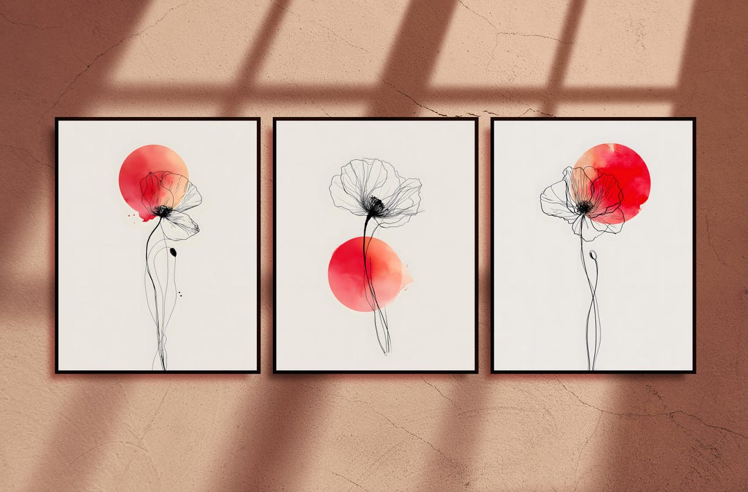 Poppy Wall Art Print Set, Red Watercolor, Japandi Decor - Etsy