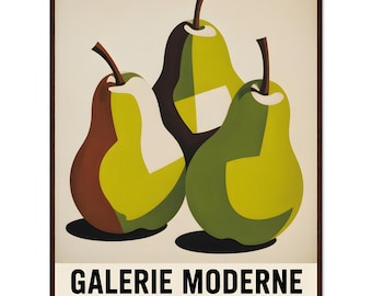 Könnte beinhalten: Gerahmter Kunstdruck mit drei stilisierten Birnen in Grün-, Gelb- und Brauntönen. Die Birnen haben dunkelbraune Stiele vor einem cremefarbenen Hintergrund. Der Text "GALERIE MODERNE 1964" ist unten aufgedruckt.
