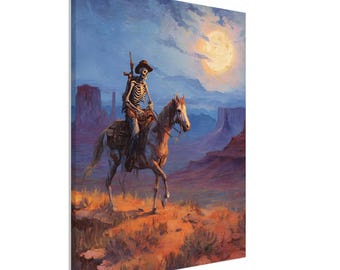 Art mural en toile cow-boy squelette | Peinture à l'huile gothique occidentale | Déco Moody cavalier du désert | Art vintage occidental effrayant
