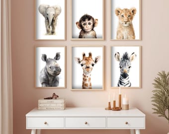 Láminas de animales de safari en acuarela, set de 6 piezas para decorar la pared de la habitación del bebé.