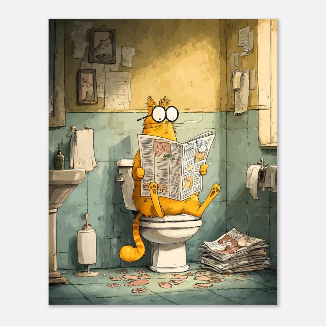 Funny Cat Bathroom Print, Cat on Toilet Reading Newspaper, Whimsical ...