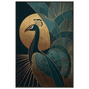 May include: Art Deco style peacock illustration in teal and gold. The peacock is set against a gold circle and teal geometric shapes. Gold lines radiate from the peacock and the circle, creating a striking visual.