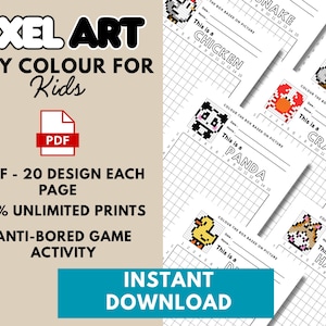 Puede incluir: Páginas para colorear de arte pixelado para niños. La imagen muestra varias páginas imprimibles con diseños de animales pixelados, incluyendo un pollo, un panda, un cangrejo, un koala y un hámster. El texto dice "Copy Colour For Kids" y "Descarga instantánea".