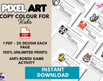 20 Printable Pixel Art for Kids Copy Drawing Game Animal Colouring Homeschool Activity Fun Learning Artwork Skill for Kids Nursery Education