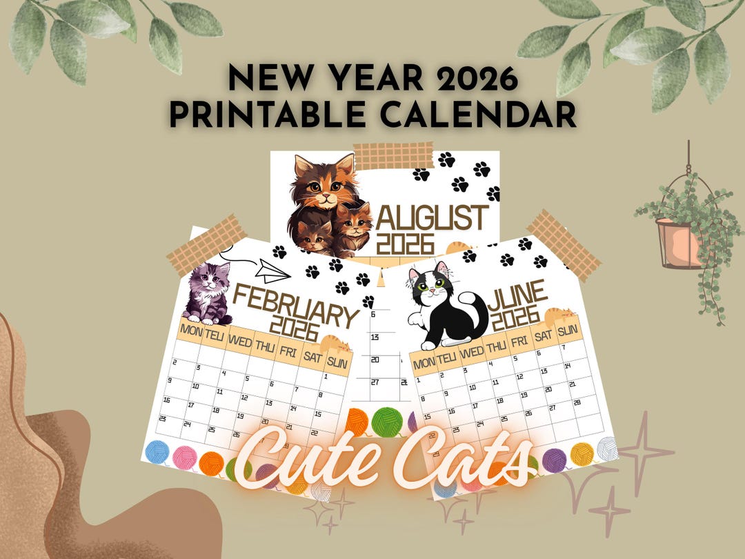 Kawaii Printable Calendar 2026 Monthly Digital Planner for Woman Cats ...