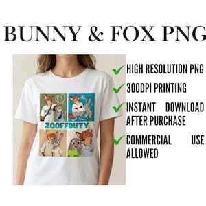May include: White t-shirt featuring a cartoon design with the text "ZOOFFDUTY" and images of a fox and a bunny. The shirt also has text that says "BUNNY & FOX PNG".