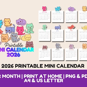 2026年 カラフル 猫 印刷可能 ミニカレンダー かわいい 月間デザイン プランナー デジタルカレンダー ステッカー PNG DIY 積み重ね可能 装飾 自宅 仕事 オフィス