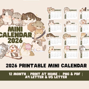 May include: A 2026 mini calendar featuring cartoon cats. The calendar includes a circle of cat illustrations around the words "Mini Calendar 2026" and individual monthly calendars with cat graphics. The bottom text reads "2026 Printable Mini Calendar."