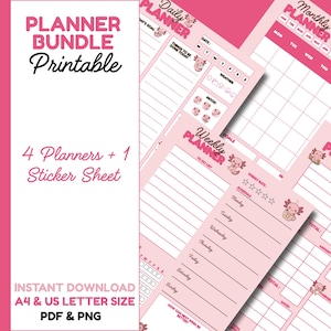Op de afbeelding: Een roze plannerbundel met dagelijkse, wekelijkse, maandelijkse en budgetplanners, plus een stickervel. De afbeelding toont de tekst "PLANNER BUNDLE Printable" en "4 Planners + 1 Sticker Sheet". De planners zijn A4 en US letter size.