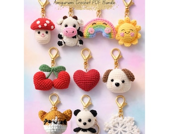 10-in-1 Amigurumi Crochet Keychain Patterns Bundle – Mini Plush Animals, Food, Kawaii Charms (PDF)