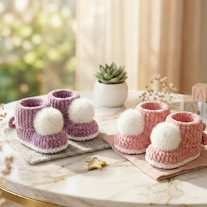 May include: Two pairs of handmade baby booties. One pair is a light purple color, and the other is a light pink color. Each bootie has a white pom-pom and is sitting on a small, gray or pink fabric square. The booties are on a round, light-colored table.