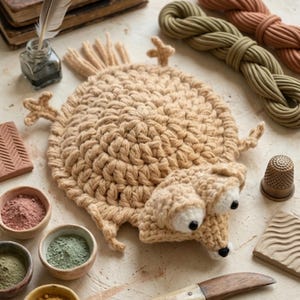 Peut inclure: Un dessous de plat fait à la main en crochet beige en forme de hérisson, avec de grands yeux blancs. Le dessous de plat a de petites pattes et un dos épineux. L'image montre également des petits bols de poudre colorée, un dé à coudre et une plume.