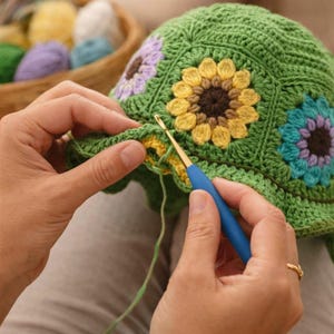 Pode incluir: Um chapéu verde de crochê com desenhos de girassóis e flores está sendo feito. O chapéu apresenta aplicações de flores amarelas, marrons, azuis e roxas. Uma agulha de crochê com cabo azul é usada. Uma cesta de fios está ao fundo.