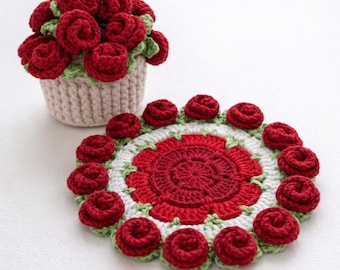 Crochet Flower Coaster With Pot Pattern, Granny Circle, Rose Bouquet Coaster PDF