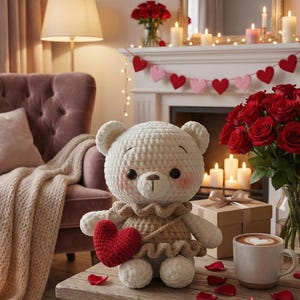 Può includere: Un orsacchiotto all'uncinetto color crema fatto a mano che tiene un cuore rosso. L'orso indossa un vestito beige. La scena comprende un bouquet di rose rosse, candele e una tazza di caffè con un disegno a cuore su un tavolo di legno, creando un tema romantico.