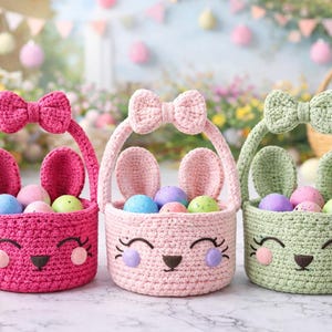 Bunny Ear Basket with Bow–Crochet Easter Basket Pattern PDF–Amigurumi Mini Egg Holder
