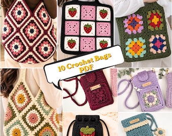 10 Crochet Bag Patterns PDF – Boho Granny Square, Phone, Crossbody Bags (Digital Download)