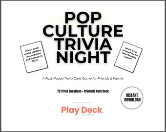 Pop Culture Trivia Night, 72 Questions, Printable Card Game for Friends & Family (Instant Download)