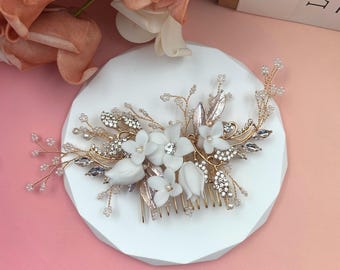 Peineta nupcial de cerámica con flores, horquilla de perlas de cristal, peineta de porcelana, tocado de novia, accesorio para el cabello de boda hecho a mano, artículos para bodas