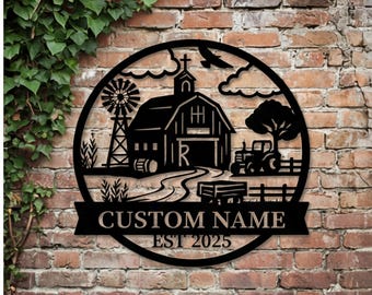 Custom Farmhouse Name Sign, Metal Barn Wall Art, Personalized Ranch Decor, Outdoor Garden Sign, Rustic Farm Scene, Modern Farmhouse Gift