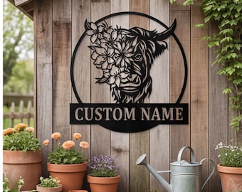 Custom Metal Sign, Cow Decor Welcome Sign for Porch, Botanical Wall Art Highland Plaque