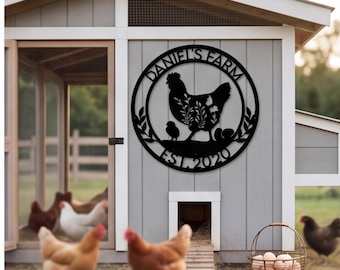 Personalized Chicken Coop Decor, Custom Farm Sign, Metal Hen and Chicks Name Sign, Rustic Family Farm Plaque, Outdoor Homestead Gift