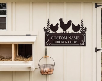 Custom Chicken Coop Metal Sign, Personalized Farmhouse Rooster Hen Plaque, Rustic Homestead Yard Art, Outdoor Country Name Sign