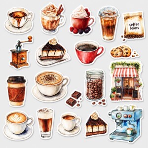 以下が含まれることがあります： コーヒーに関連するアイテムを描いた水彩画風のステッカーコレクション。様々なコーヒーカップ、ラテ、アイスコーヒー、coffee beansと書かれた袋、手動ミル、チョコレート、チーズケーキのカット、カフェの店舗外観などが含まれています。