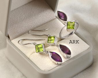 Conjunto de amatista y peridoto, plata de ley 925, anillo de compromiso, joyería de plata, anillo solitario, conjunto de joyería para mujer, regalo ideal.