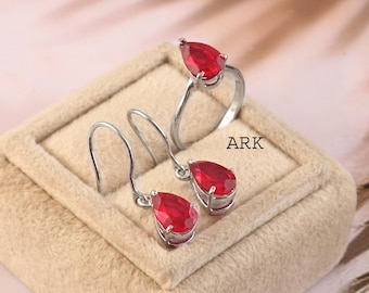 Set di anello e orecchini con rubino, argento sterling 925, set per anniversario, gioielli in argento, set solitario, set di gioielli regalo per donna