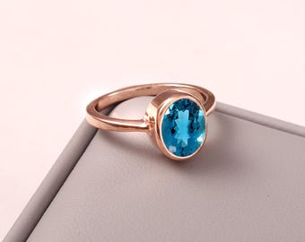 Handgemachter Londoner Blautopas-Ring, 925 Sterlingsilber, Roségold überzogen, Edelstein im Ovalschliff
