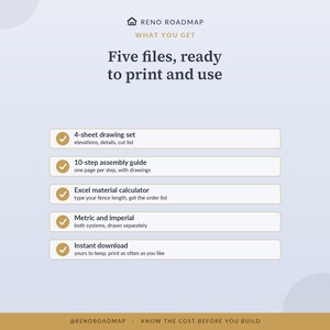 The five files included: four drawing sheets, a ten-step assembly guide, an Excel material calculator, in metric and imperial.