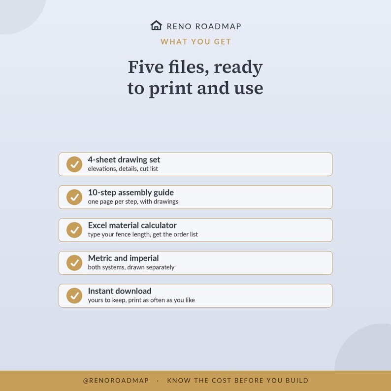 The five files included: four drawing sheets, a ten-step assembly guide, an Excel material calculator, in metric and imperial.