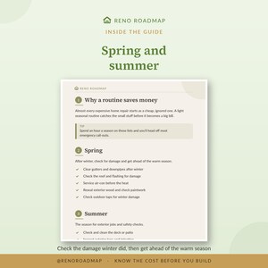 May include: A Reno Roadmap guide page titled Spring and Summer. The text outlines home maintenance tasks including clearing gutters, checking roofs, servicing air conditioning, and inspecting exterior wood, decks, and patios to prevent costly repairs.
