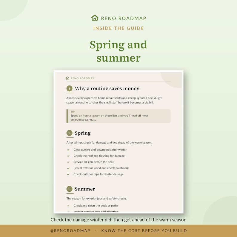 May include: A Reno Roadmap guide page titled Spring and Summer. The text outlines home maintenance tasks including clearing gutters, checking roofs, servicing air conditioning, and inspecting exterior wood, decks, and patios to prevent costly repairs.