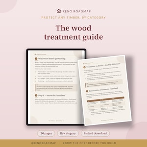 Listing cover for the Reno Roadmap Wood Treatment Guide — an illustrated wood treatment and finishing guide, shown as a tablet beside a printed page.