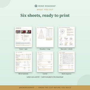 All six printable sheets in the Bottle Tree plans laid out together — cover, elevation, base plan, materials, cut list and build sequence.