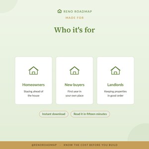 May include: A light green informational graphic titled Reno Roadmap Made For Who it's for. It features three white cards with house icons labelled Homeowners, New buyers, and Landlords, with descriptive text below each. Bottom buttons read Instant download and Read it in fifteen minutes.