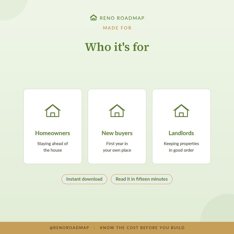 May include: A light green informational graphic titled Reno Roadmap Made For Who it's for. It features three white cards with house icons labelled Homeowners, New buyers, and Landlords, with descriptive text below each. Bottom buttons read Instant download and Read it in fifteen minutes.
