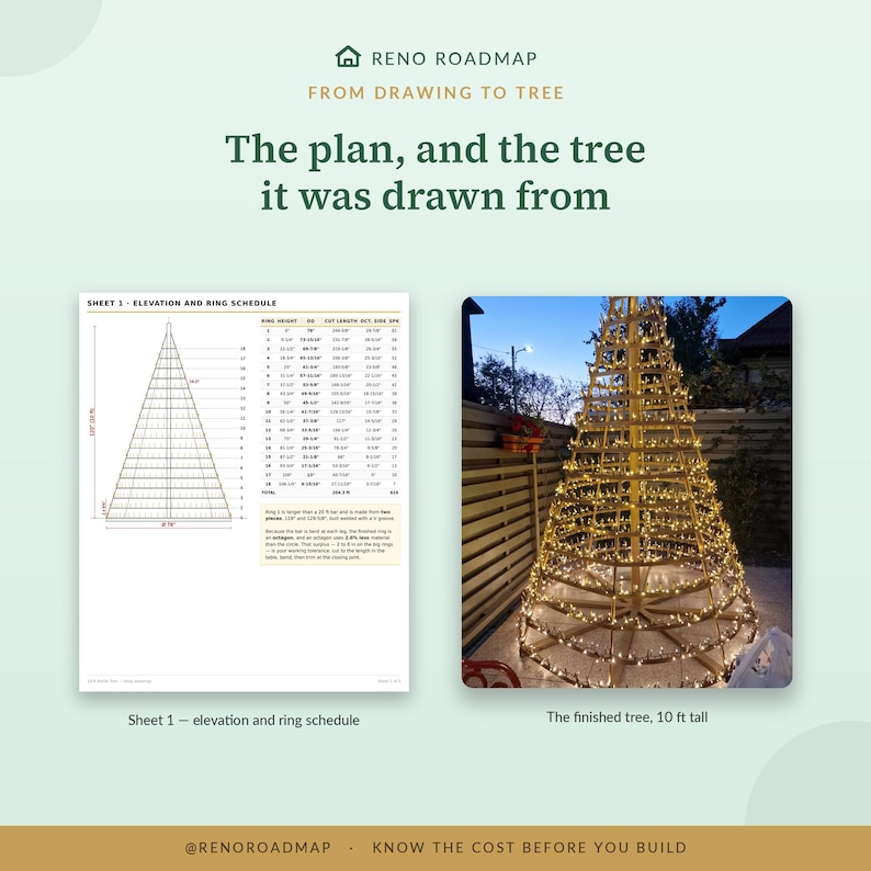 The elevation drawing from the plans shown beside a photograph of the finished 10 ft steel tree it was drawn from.