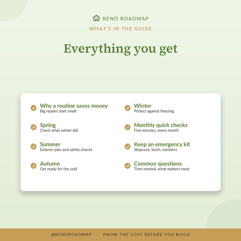 May include: A Reno Roadmap informational graphic titled Everything you get, listing seasonal home maintenance topics including Why a routine saves money, Spring, Summer, Autumn, Winter, Monthly quick checks, Keep an emergency kit, and Common questions.
