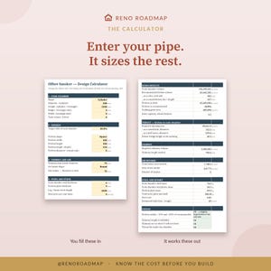 May include: A digital offset smoker design calculator spreadsheet with two columns. The left side shows input fields for cook chamber, firebox, chimney, and steel dimensions. The right side displays calculated sizing results, throat, and steel effort data.