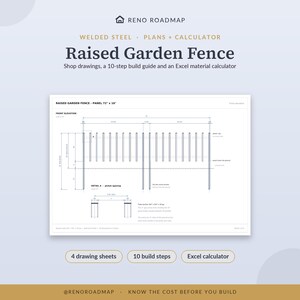 Listing cover for the Reno Roadmap raised garden fence welding plans — the front elevation drawing of a 72 inch steel picket panel held clear of the ground.