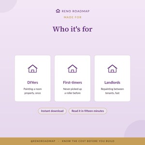Peut inclure: Une infographie num&eacute;rique intitul&eacute;e Reno Roadmap Made For Who it's for, avec trois cartes blanches et des ic&ocirc;nes de maison pour DIYers, First-timers et Landlords. Boutons Instant download et Read it in fifteen minutes, avec texte en bas.