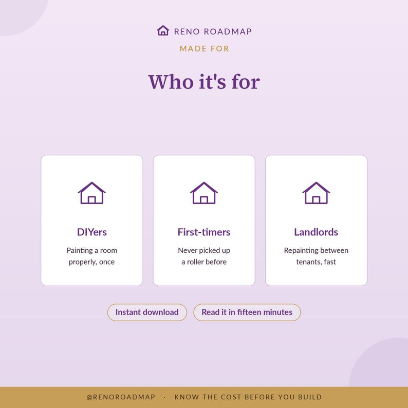 Peut inclure: Une infographie num&eacute;rique intitul&eacute;e Reno Roadmap Made For Who it's for, avec trois cartes blanches et des ic&ocirc;nes de maison pour DIYers, First-timers et Landlords. Boutons Instant download et Read it in fifteen minutes, avec texte en bas.