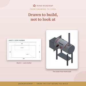 May include: A technical drawing labeled SHEET 2 COOK CHAMBER with dimensions 1000 by 500 and a 600 door, alongside an isometric illustration of a gray cylindrical smoker with a chimney, standing on a four-legged frame with a lower shelf.