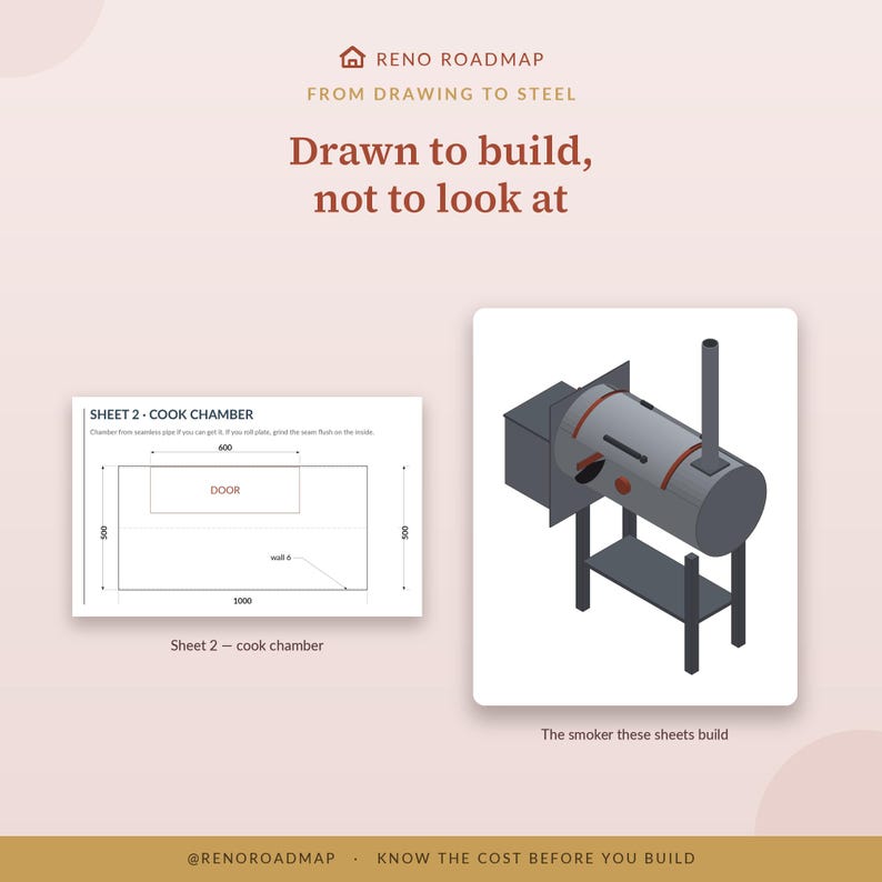 May include: A technical drawing labeled SHEET 2 COOK CHAMBER with dimensions 1000 by 500 and a 600 door, alongside an isometric illustration of a gray cylindrical smoker with a chimney, standing on a four-legged frame with a lower shelf.